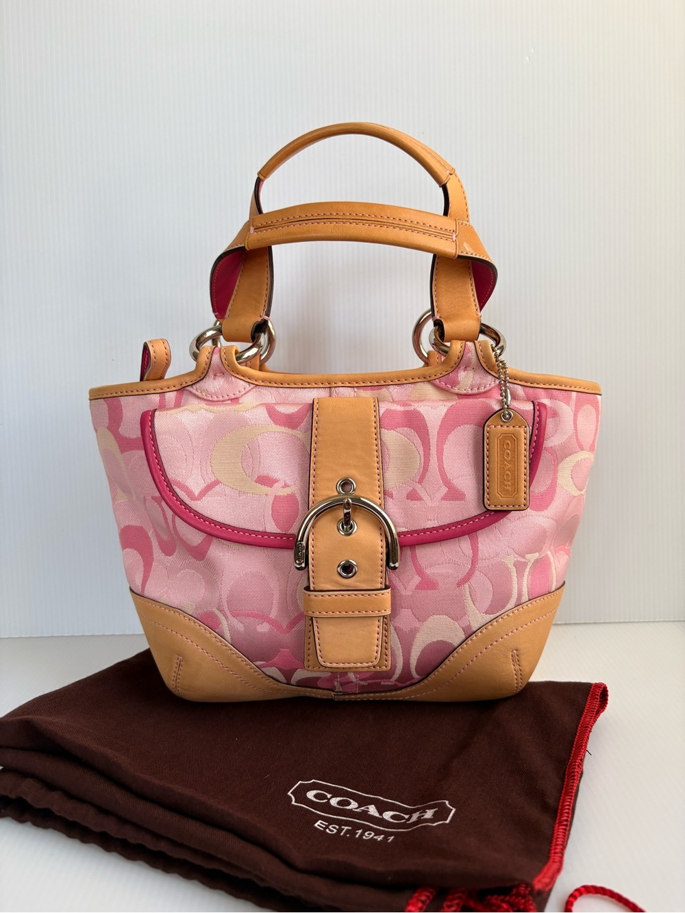 Vintage Coach Soho Y2K Pink Optic Signature Jacquard /Tan Leather EUC - Picture 3 of 16